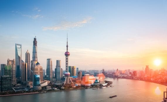 Beautiful shanghai at dusk, huangpu river and financial district skyline in sunset